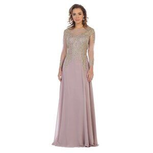Mauve/Gold Evening Long Boat Neck 3/4 Sleeve A-Line Dress By May Queen MQ1549
